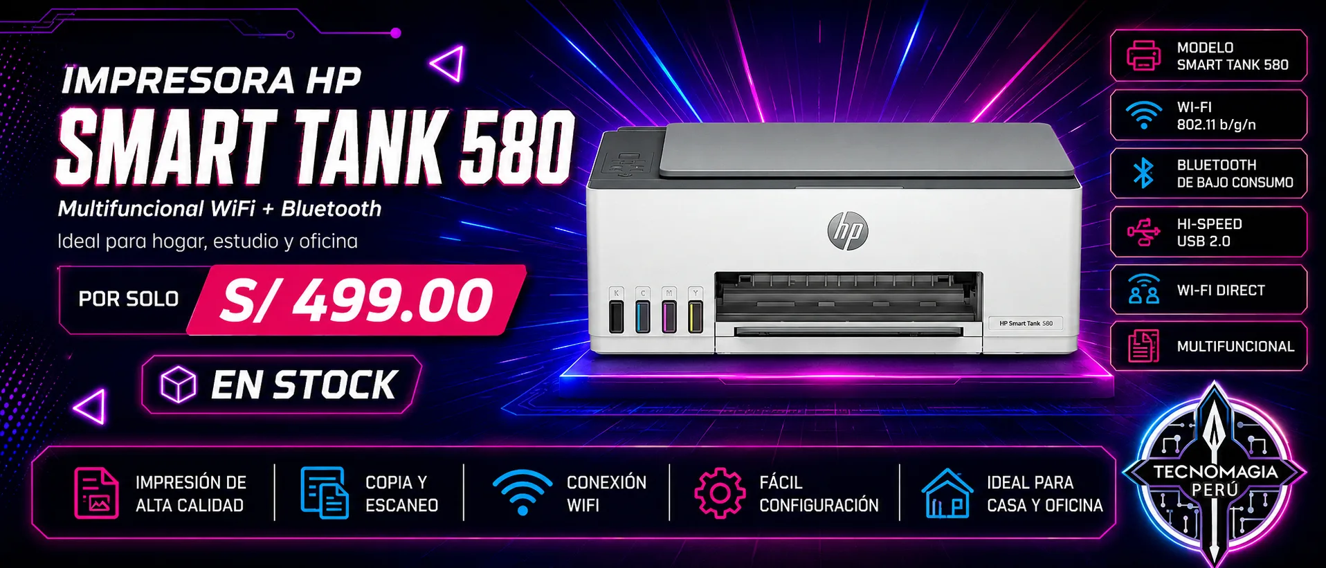 Impresora HP Smart Tank 580 Multifuncional WiFi + Bluetooth — S/499.00