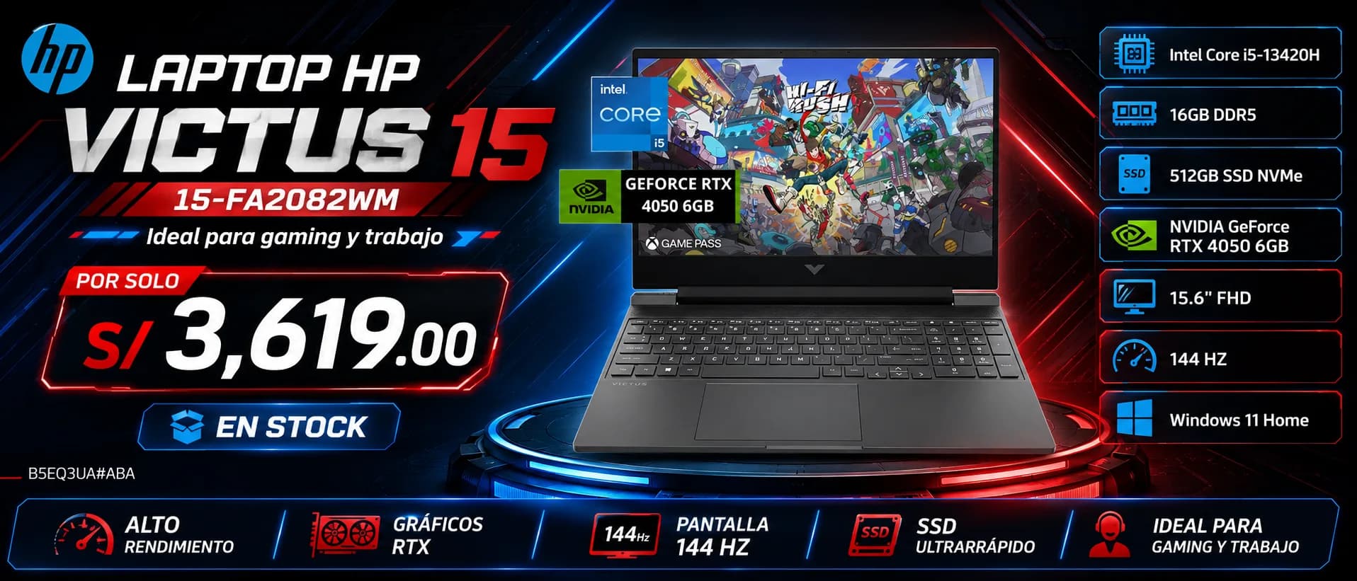 Laptop HP Victus 15-FA2082WM Intel Core i5-13420H RTX 4050 — S/3,619.00