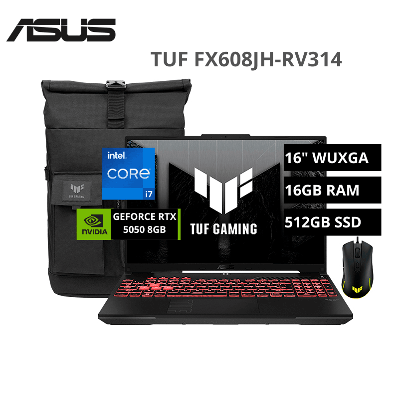 Laptop ASUS TUF FX608JH-RV314 Intel Core I7-14650HX 16GB 512GB SSD RTX 5050 8GB 16" WUXGA 165HZ Free Dos Incluye Mochila Y Mouse